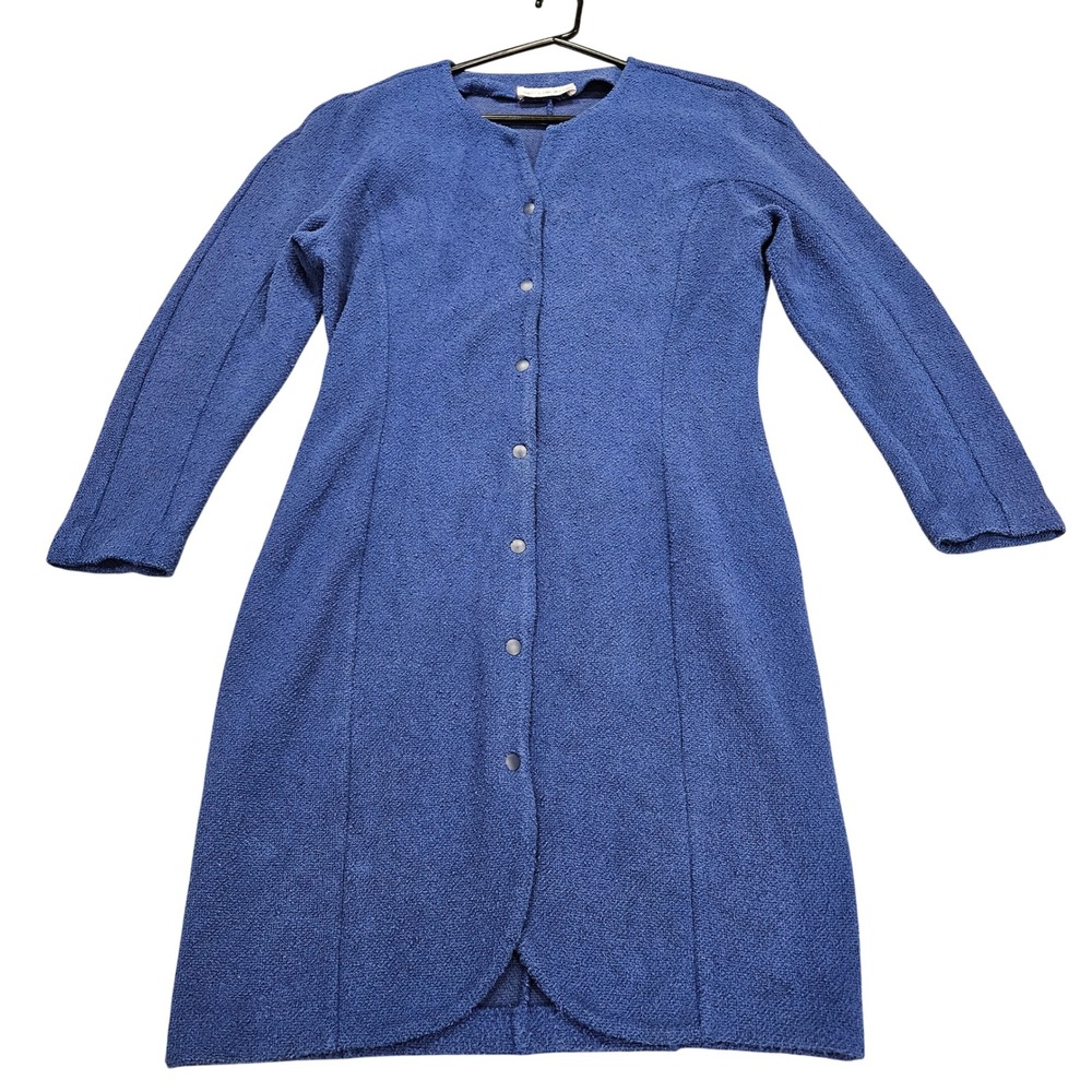 Vintage Bettina Riedel Blue Textured Knit Snap Front Duster Cardigan Dress Small